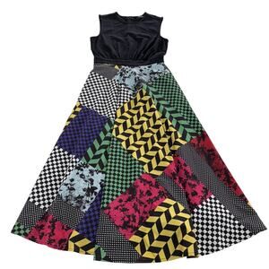 eShakti Dress Womens 2 Black Multi Patchwork Sleeveless A-Line Fit Flare Retro